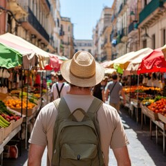 Obraz premium A person wearing a straw hat walks through a vibrant market filled with colorful fruits and vegetables under sunny skies.
