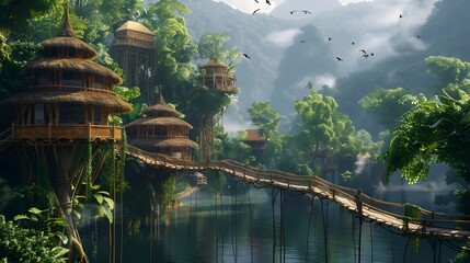 A beautiful bamboo village floats above misty jungle waters, treehouses linked by wooden bridges