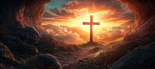 Stunning Cave View on a Mountain with a Beautiful Sunset