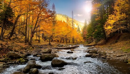 autumn forest deer creek landscape illustration