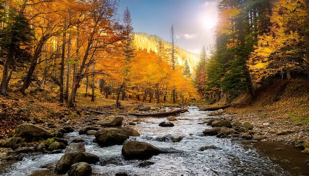 autumn forest deer creek landscape illustration
