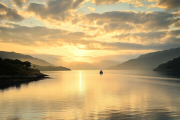 Obraz premium Ferry boat sailing on calm water during golden hour sunrise over mountains