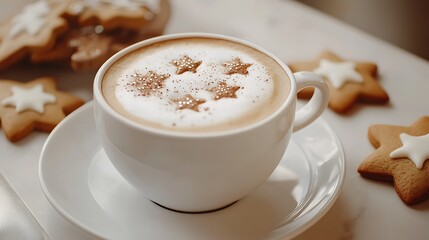 Fototapeta premium Cup of cappuccino coffee with stars drawing and gingerbread cookie