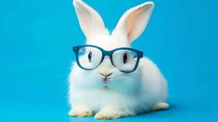 Conejo relajado y moderno en un ambiente azul. 