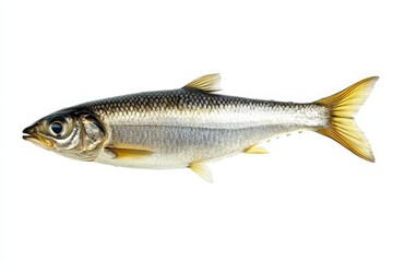 Fototapeta premium A side profile image displaying a small silvery fish specimen