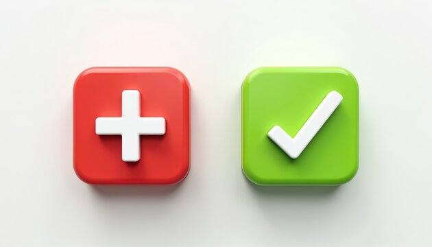 Bright 3D plus and check mark icons in red and green. Minimalistic design for app, web, buttons, interface, choices, actions, decisions. Positive concept, confirmation, accessibility.