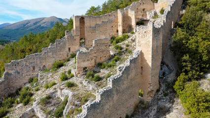 Fototapeta premium Castle of San Pio delle Camere, Abruzzo, Italy. Aerial drone view.