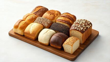 Assorted bread loaves on wooden cutting board display variety of bakery styles.