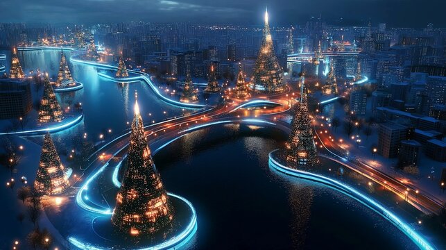 A sci-fi utopian city with gravity-defying buildings and glowing rivers
