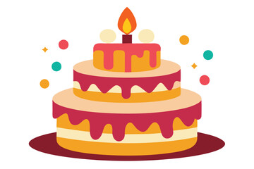 Flat Style Two Tier Birthday Cake with Lit Candle and Colorful Confetti on White