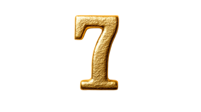 Golden embossed number 7 against black background, cut out transparent