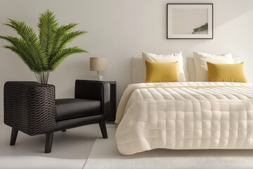 Modern bedroom design featuring cozy bedding and stylish furniture in serene environment