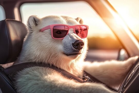 Oso polar conduciendo un coche descapotable.