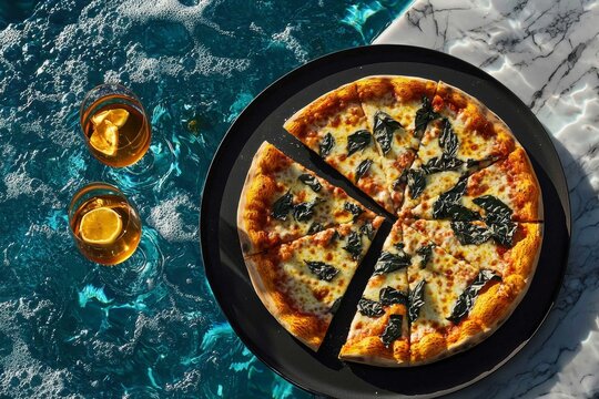 Delicious pizza pieces served poolside.