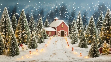 Fototapeta premium Snowy Christmas Barn Trees.