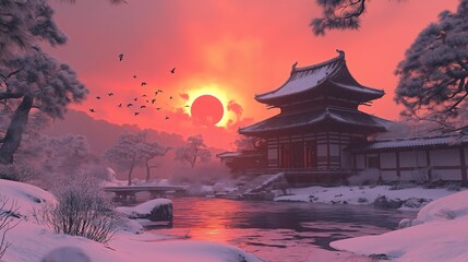 Obraz premium A snow-covered Japanese temple under a red sun during sunset