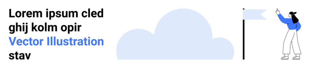 Woman hoisting a flag beside a decorative text block and cloud. Ideal for leadership, achievement, creativity, presentation, business goals, minimal design, simple landing page
