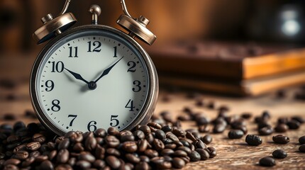 A vintage clock with coffee beans around, space for copy