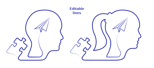Woman, man business mind design, editable icon vector with puzzle, paper airplane. Line art male, female business sign to use for brainstorm, strategy, intelligence, business plan illustration. 