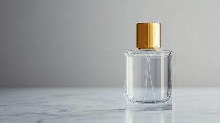 The translucent glass perfume bottle is paired with an elegant golden cap and placed on a pure white marble surface. The soft diffused light creates a minimalist and luxurious aesthetic.