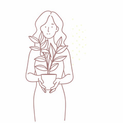 Woman holding a potted plant with a serene expression in minimalist style  