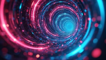 Obraz premium Abstract digital art with neon lights tunnel. Futuristic, colorful vortex swirl with dynamic fluid energy. Glowing radiant effect in high resolution with dimensional psychedelic visuals.