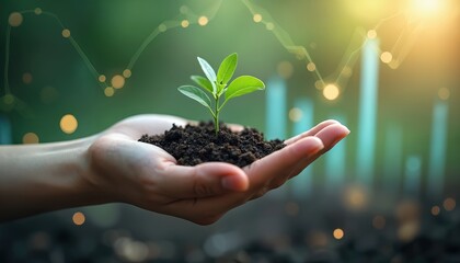 Fototapeta premium Hand gently holds growing plant sprout. Financial graphs in background symbolize ESG investment environmental impact and growth. Focus on sustainable development, environmental protection.