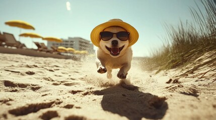 Fun depiction of a dog enjoying a beach day with a hat