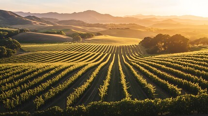 Golden Hour Vineyard: Rows of Vines Bathed in Sunset Light