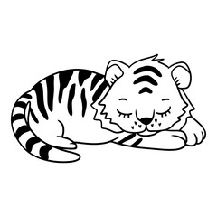  Sleeping tiger cub baby animal characters. Cute cartoon doodle card. Hand drawn textile surface design, cut file, vector black and white illustration.