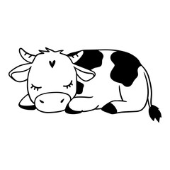 Cute sleeping baby cow in black and white. Adorable hand-drawn farm animal. Vector illustration for cut file, t-shirt, nursery decor