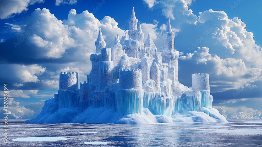 Poster a surreal frozen ocean with icebergs in the shape of floating castles