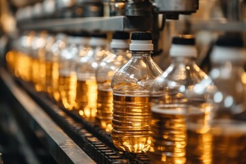 Bottles filled with golden liquid move along the production line in a factory. It shows bottling process, good for industry or beverage concepts.