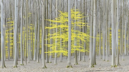 A Vibrant Yellow Tree Stands Amidst Tall Bare Gray Tree Trunks