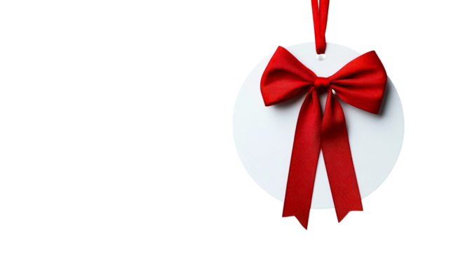 White Tag with Red Bow and Ribbon on Black Background, cut out transparent