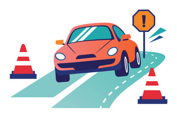 Orange Car on Turquoise Road with Warning Sign and Cones on White Background