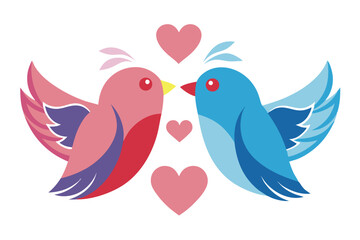Obraz premium Pink and Blue Lovebirds Kissing with Pink Hearts on White Background