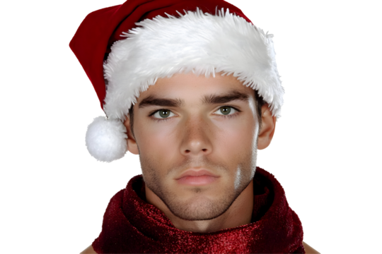 Portrait Of A Handsome Man In A Santa Hat And Red Scarf