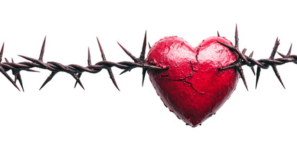 Red heart pierced by barbed wire, symbol of emotional pain, cut out transparent