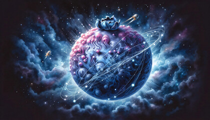 A mesmerizing hand-painted watercolor depiction of a blueberry transformed into a small planet, surrounded by swirling clouds, glowing blue energy lines, and orbiting spacecraft against a deep space n