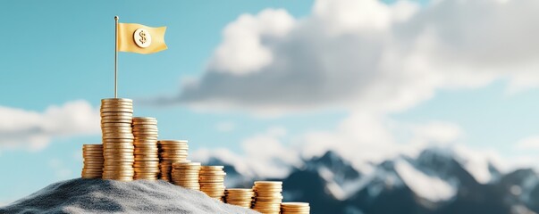 Coins stacked as a staircase leading up to a flag on a hill representing the concept of financial growth success and prosperity  This image symbolizes the journey towards wealth profits