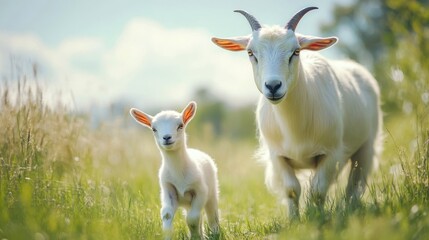Obraz premium Goat and Kid in Meadow: A serene capture of a mother goat and her playful kid exploring a sunlit meadow, embodying the essence of rural charm and the simplicity of farm life.
