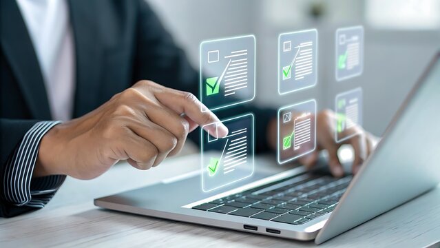 Businessman Touching Digital Quality Check Icon for Audit and Approval