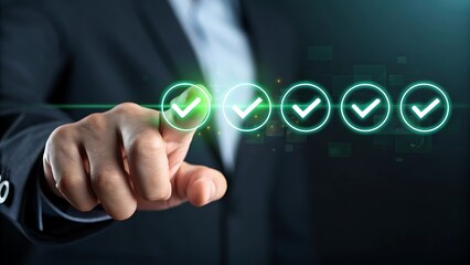 Businessman Touching Digital Quality Check Icon for Audit and Approval