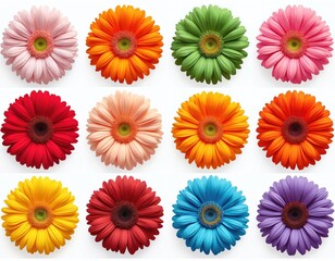 Isolated set of vivid gerbera daisies in diverse colors. Springtime blooms with vibrant petals showcasing natural beauty. Perfect for designs, floral arrangements, botanical projects, eco themes.