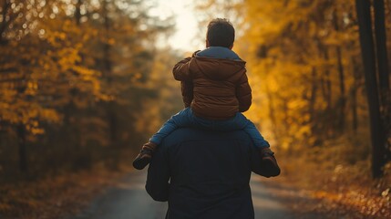 Handsome man carrying his son on his shoulders, back view of father and boy walking down a country road in autumn, with morning light