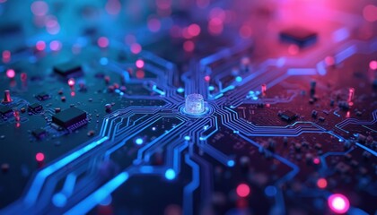 Futuristic tech background with circuit board pattern. Abstract blue, purple neon lights. Electronic network, digital communication, high-tech themes, innovation, data processing, computer science,