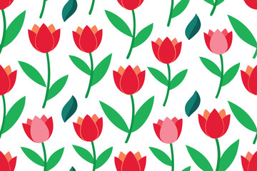 Seamless Pattern of Stylized Tulips with Green Leaves on White Background