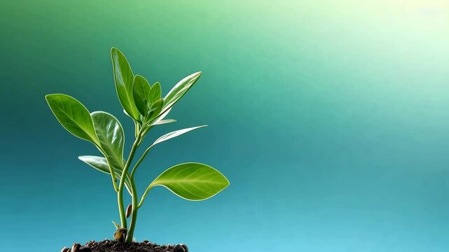 Tiny green sprout stalk on dirt. New plant growth against green and blue gradient background. Seedling ecology and organic life cycle video footage.