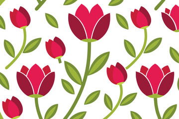 Seamless Red Tulips Pattern on White Background, Minimalist Floral Repeating Design